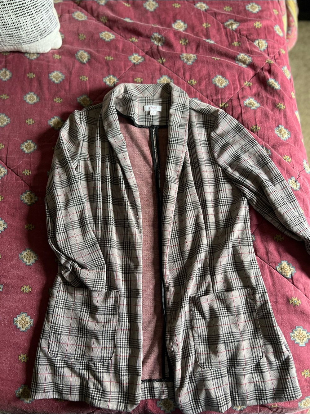 Candie's Plaid Open-Front Blazer Jacket in Beige and Pink